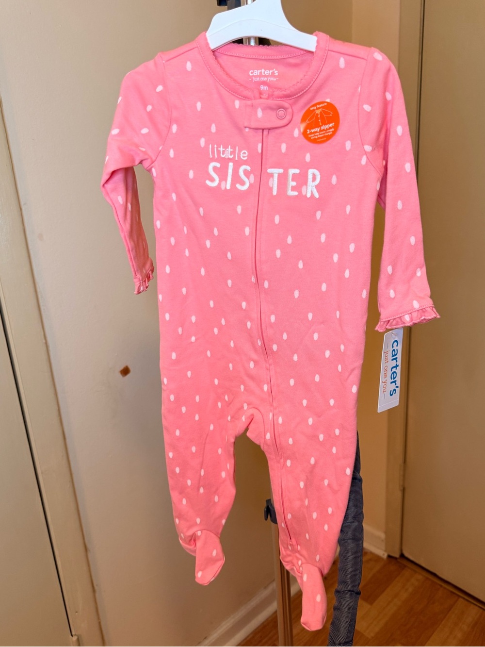 Carter's Pink Polka-Dot "Little Sister" Footed One-Piece
